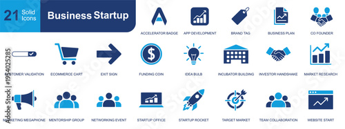 Business startup icon set. Containing accelerator, funding coin, idea bulb, investor handshake, rocket, market research, team collaboration and more. Solid vector icons collection.