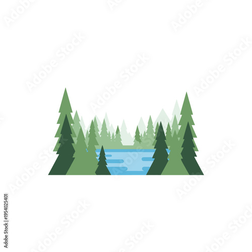 Serene forest landscape with a lake.