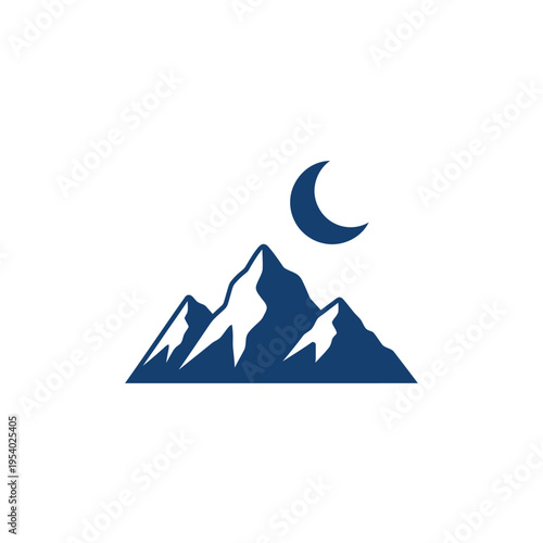 A stylized illustration of mountains and moon.