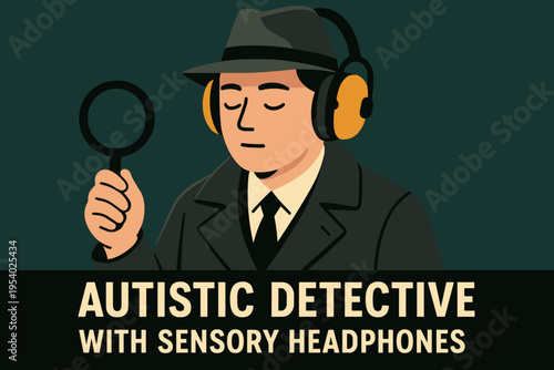 Autistic detective with sensory headphones in a stylish illustration