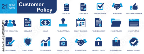 Customer policy icon set. Containing checklist, consent, agreement, document, approval, privacy, security, shipping, warranty, legal shield and more. Solid fill vector icons collection.