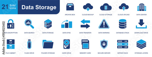 Data storage icon set. Containing cloud backup, database stack, hard drive, memory card, server rack, flash drive, folder storage, encryption and more. Solid vector icons collection.