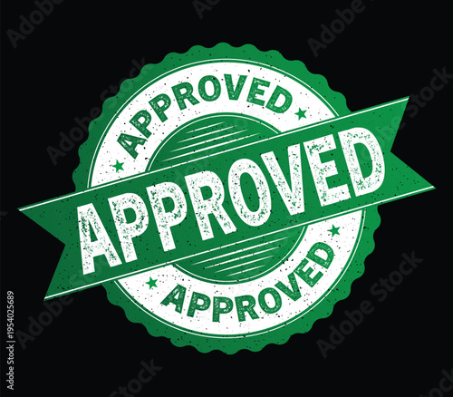 Green approved stamp seal with textured finish and ribbon element