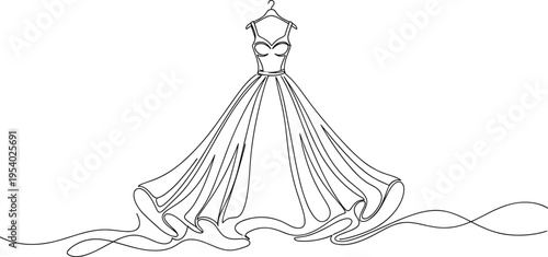 Minimalist continuous line drawing of an elegant wedding gown hanging on a simple wire hanger isolated on white background