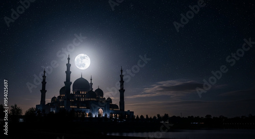 Silhouette of a mosque with minarets under a bright full moon at night illuminated sky