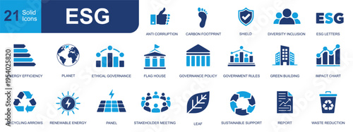 ESG icon set. Containing anti corruption, footprint, diversity, governance, recycling, renewable energy, report, green building, impact chart and more. Solid fill vector icons collection.