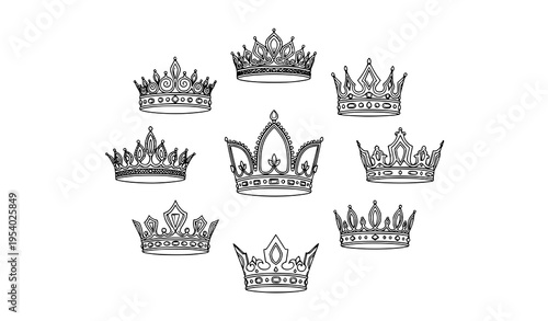 Elegant royal crown sketch vector set king and queen tiaras circular layout hand drawn imperial symbols isolated on white