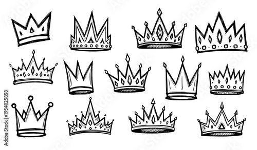 Graffiti crown sketch vector set hand drawn king queen tiara icons trendy doodle royal symbols isolated on white