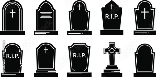 Silhouette of various tombstones and crosses in cemetery