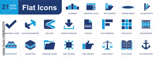 Flat icons set. Containing alignment, grid layout, style guide, SVG file, export download, color palette, layer stack, vector anchor and more. Solid vector icons collection for design tools.