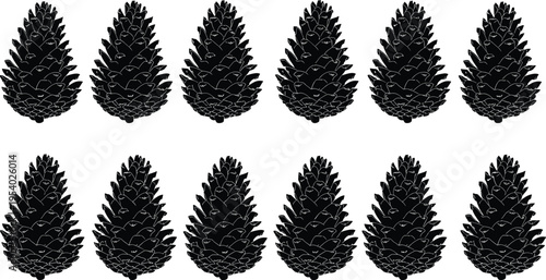 A collection of twelve identical black pine cone silhouettes arranged in two neat horizontal rows isolated on white background