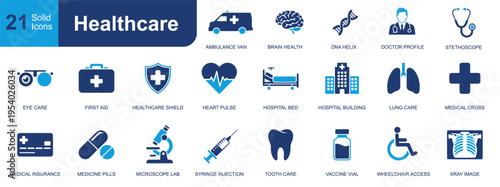 Healthcare icon set. Containing ambulance, stethoscope, first aid, heart pulse, hospital bed, vaccine vial, microscope, tooth care, xray image and more. Solid vector icons collection.