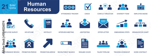 Human resources icon set. Containing attendance, diversity, survey, hotline, interview, onboarding, recruitment, training, contract, resume and more. Solid fill vector icons collection.