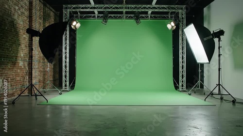 Professional photography studio with green screen for chroma keying production