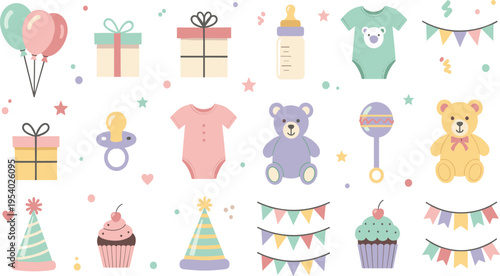 Cute Baby Party Elements Vector Set with Balloons Gifts Pacifier Teddy Bears Cupcakes Hats and Decorations for Birthday Celebration and Nursery Design.