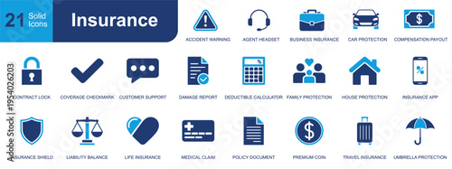 Insurance icon set. Containing contract lock, damage report, premium coin, house protection, family protection, policy document, travel insurance and more. Solid vector icons collection.