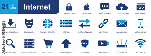 Internet icon set. Containing access lock, chat, cloud upload, firewall, network, link, mail, mobile, server, router, VPN, wifi and more. Solid fill vector icons collection for web use.
