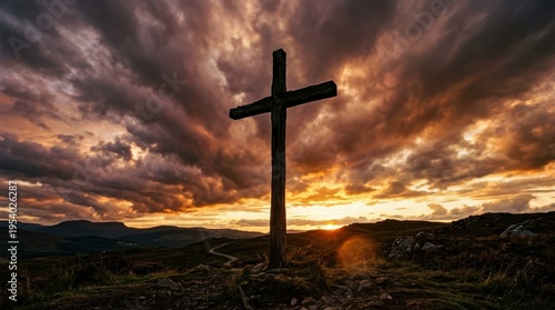 Wooden Cross Stands Against A Dramatic Stormy Sky, Symbolizing Faith And Resilience