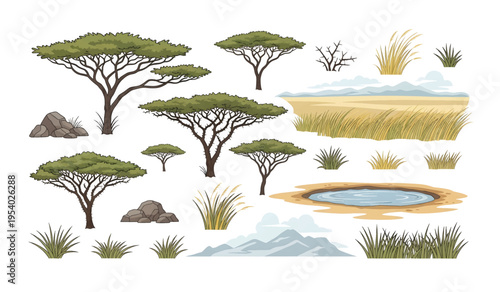 Collection of Savana Trees and plants in natural setting.