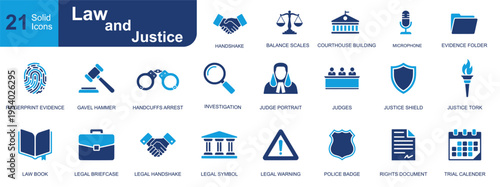 Law and justice icon set. Containing gavel hammer, courthouse, fingerprint evidence, handcuffs, judge, law book, police badge, trial calendar and more. Solid vector icons collection.