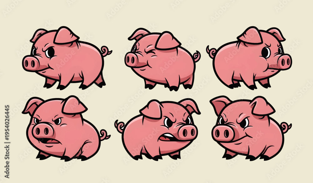 Fototapeta premium Collection of Cute cartoon pink pig characters.
