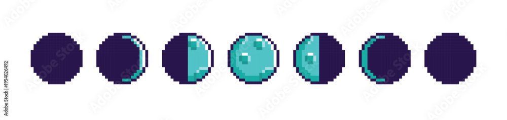 Fototapeta premium Pixel art moon phases vector set, turquoise lunar cycle icons with craters for game UI and digital design 