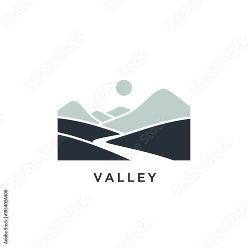 Minimalist mountain valley landscape graphic design.