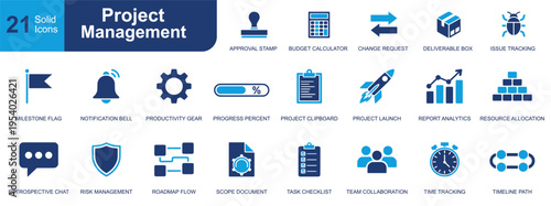 Project management icon set. Containing milestone flag, task checklist, timeline path, roadmap flow, budget calculator, collaboration, analytics and more. Solid vector icons collection.