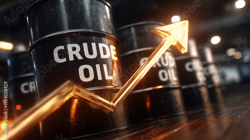 Close-up of a 3D arrow angled upward above barrels marked with 