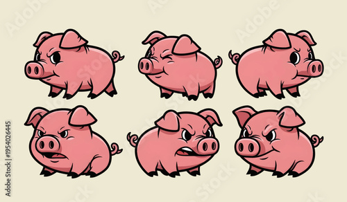 Collection of Cute cartoon pink pig characters.