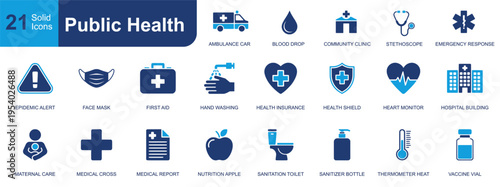 Public health icon set. Containing ambulance, clinic, stethoscope, mask, first aid, hand washing, hospital, sanitizer, vaccine, nutrition, thermometer and more. Solid fill icons collection.