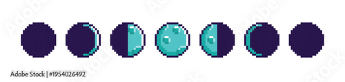 Pixel art moon phases vector set, turquoise lunar cycle icons with craters for game UI and digital design 