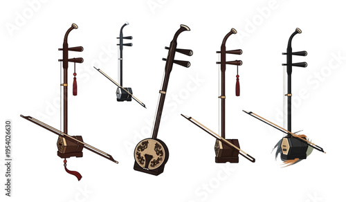 Collection of Traditional Chinese Erhu musical instruments.