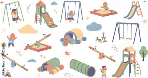 Kids Playground Activities Vector Set with Swings Slides Seesaw Sandbox Climbing Equipment and Outdoor Play Scenes for Children Recreation Design.
