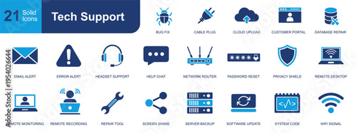Tech support icon set. Containing bug fix, cloud upload, headset support, password reset, remote desktop, server backup, software update, WiFi signal and more. Solid vector icons collection.