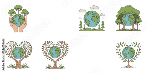 Set of hand drawn illustrations depicting planet earth and nature in various ecological concepts Vector