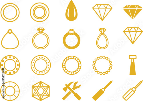 A collection of gold jewelry icons featuring various rings diamonds and professional jeweler tools