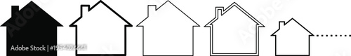A sequence of five house icons showing a progression of different styles and sizes in black ink isolated on white background