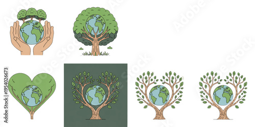 Collection of illustrative icons depicting the planet earth combined with various tree elements Vector