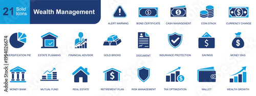 Wealth management icon set. Containing financial advisor, estate planning, savings, wallet, mutual fund, tax optimization, retirement plan and more. Solid fill vector icons collection.