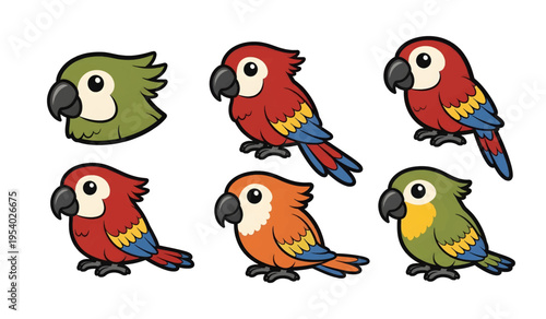 Collection of Colorful parrots in different poses.