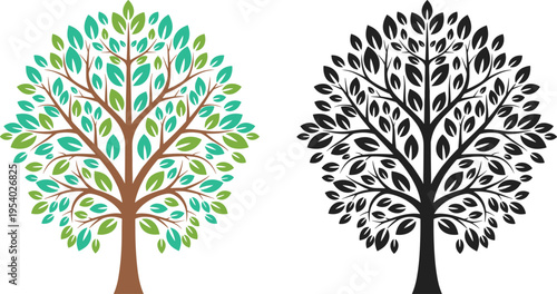 Two decorative tree illustrations in both vibrant green colored and solid black silhouette styles isolated on white background
