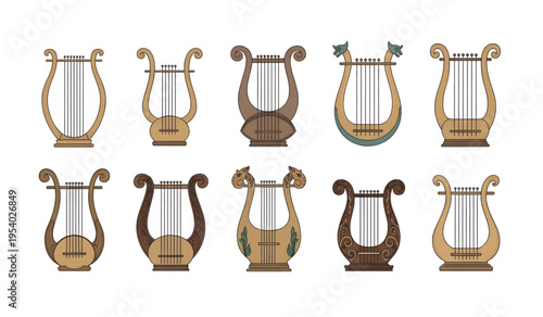 Collection of various lyres on display.