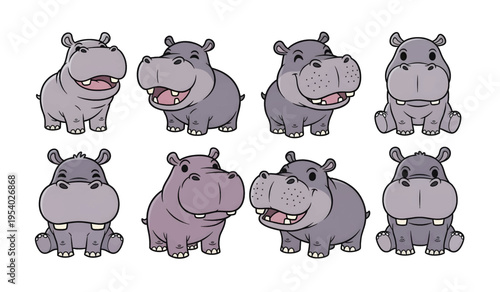 Collection of cartoon hippos smiling faces.