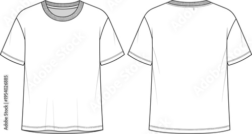 Blank white ringer t-shirt technical fashion flat sketch with contrast neck and short sleeves showing front and back views for apparel mockup vector.