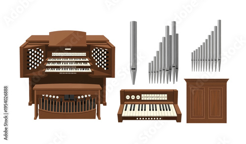 Collection of Brown Pipe Organ Instrument Parts Displayed.