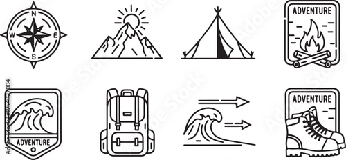 Adventure symbols featuring hiking, camping, and nature exploration icons Vector