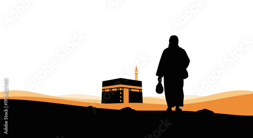 Silhouette of a Muslim pilgrim carrying a travel bag walking across desert sand dunes towards the holy Kaaba and minaret in Mecca during Hajj or Umrah pilgrimage journey.