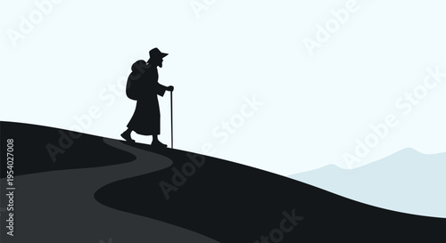 Silhouette of a male pilgrim carrying a backpack and using a walking staff while hiking up a winding path on a mountain ridge against a clean minimalist landscape background.