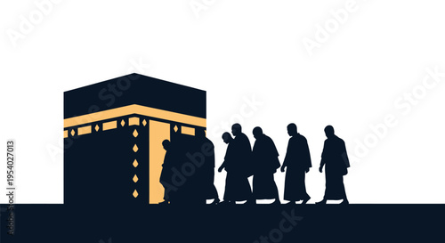 Silhouette of male Muslim pilgrims wearing ihram walking towards the Kaaba in Mecca, Saudi Arabia, representing Hajj or Umrah pilgrimage, minimalist vector art style on white background.